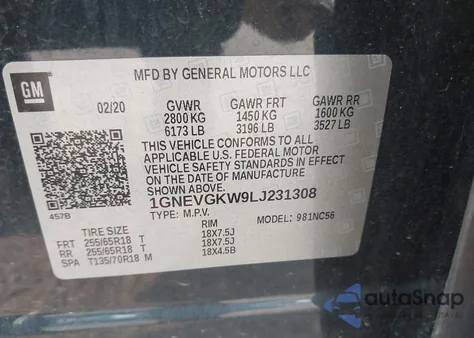 2020 Chevrolet Traverse Awd Lt Cloth from USA, damaged, VIN 1GNEVGKW9LJ231308